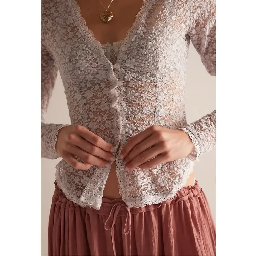 Free People Dainty Ethereal Cottage Lara Lace Top Light Lilac Ash Size Small NEW